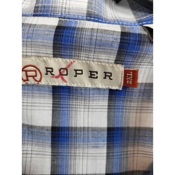 Roper Western Shirt Mens 2XL Embroidered Plaid Long Sleeve Pearl Snap Blue/Gray - Picture 5 of 8
